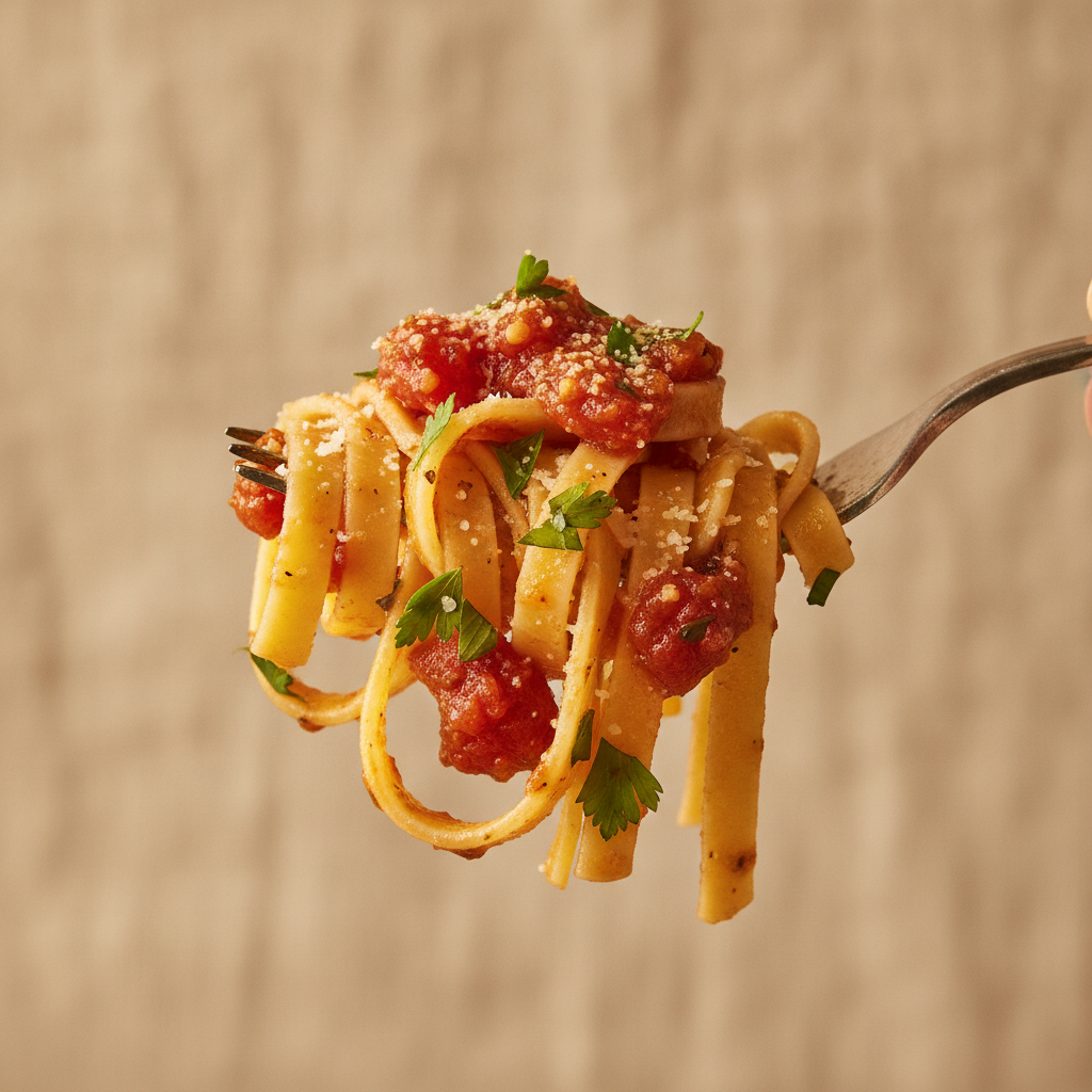 fresh handmade pasta twirled on a fork with sauce and herbs