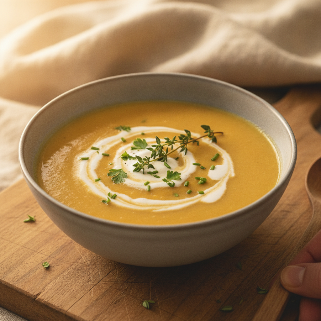 creamy soup in an elegant bowl with a swirl of cream and herb garnish