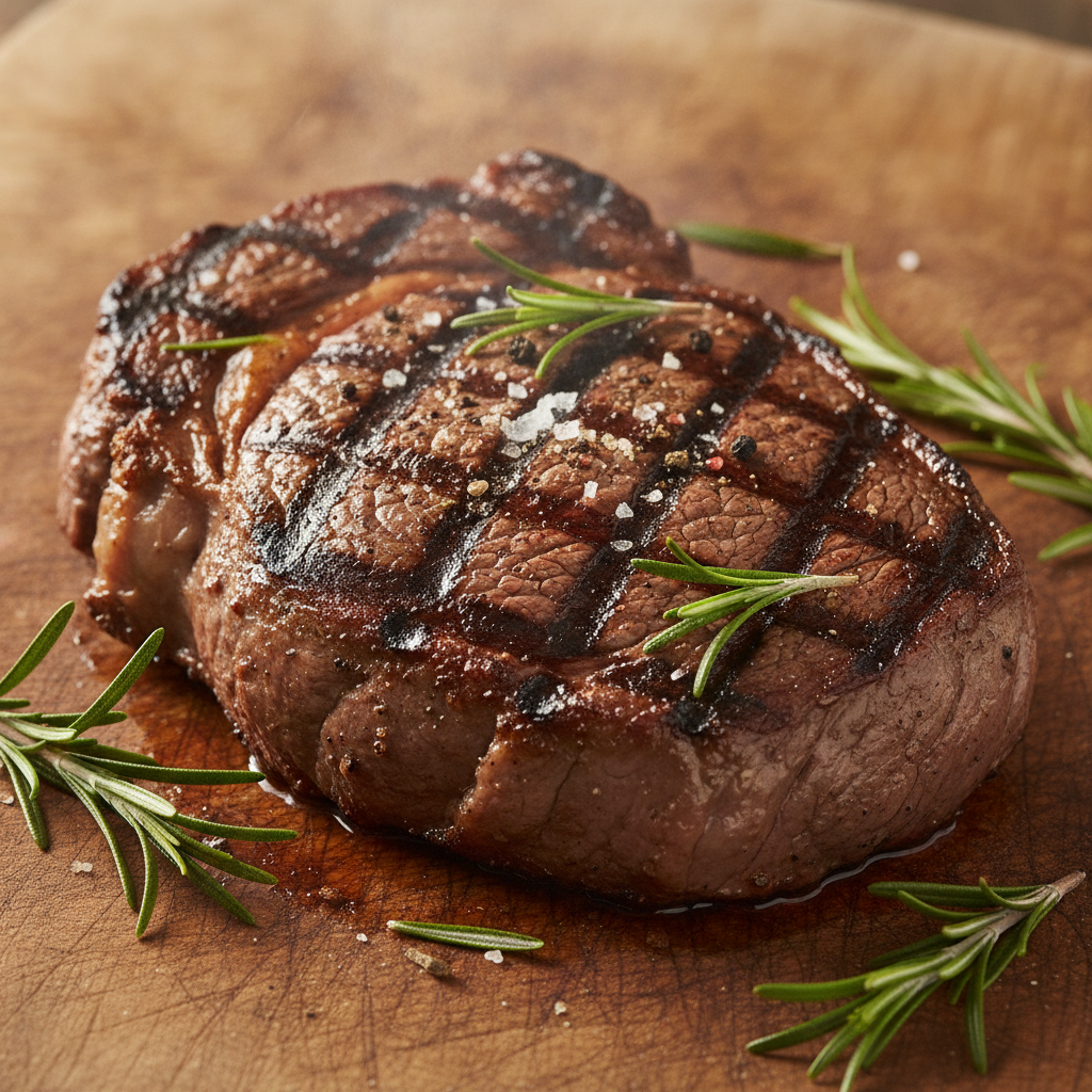 juicy grilled steak with charred grill marks and rosemary garnish