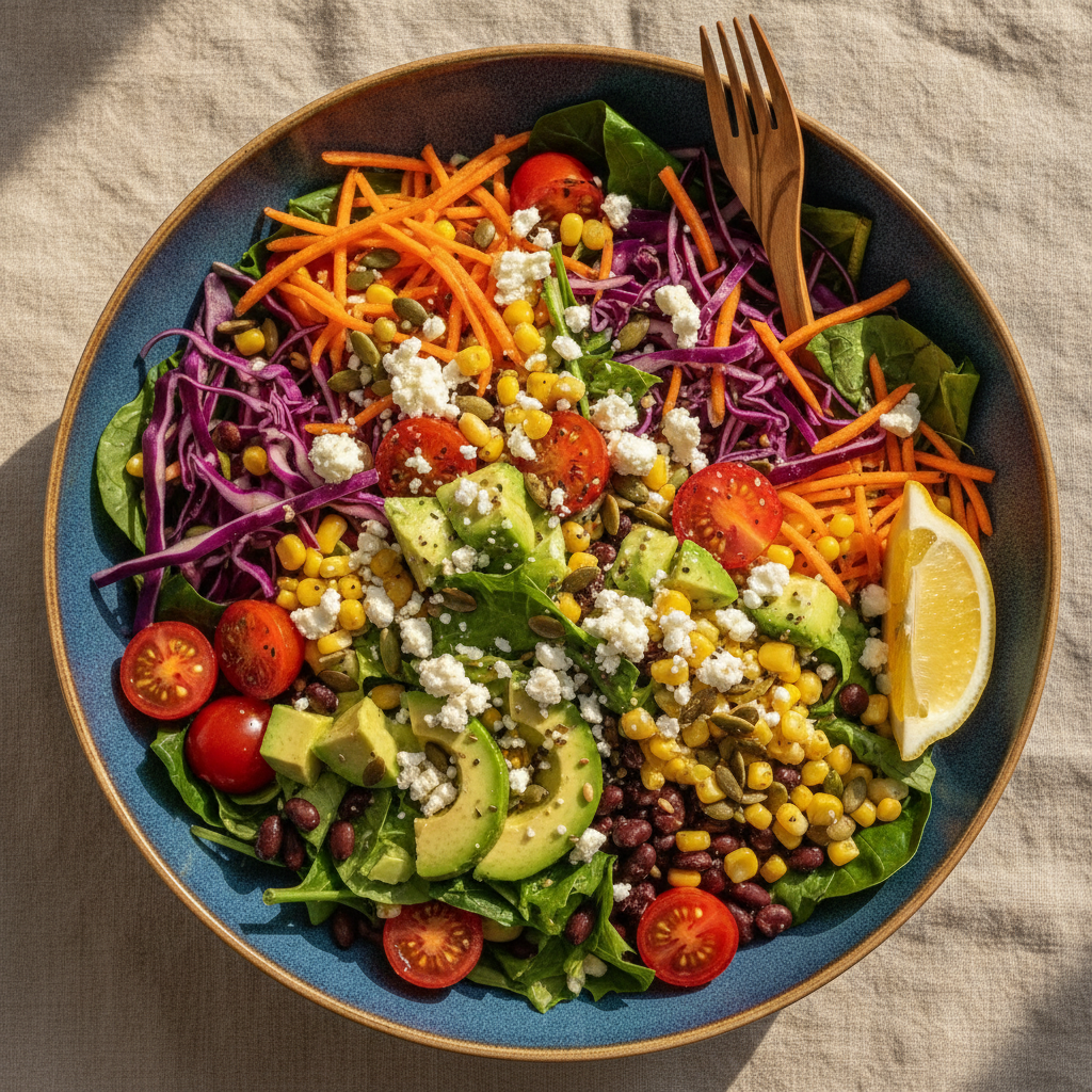 vibrant colorful salad bowl, top-down flat lay